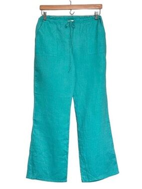 NWOT 100% Linen Wide Leg Pants Size M Teal Blue Drawstring Lagenlook Beach Boho